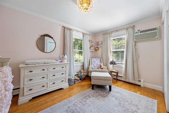 32 Lafayette Ave, Beacon, NY 12508 - living area featuring baseboard heating, healthy amount of natural light, ornamental molding, a wall unit AC, and a baseboard heating unit