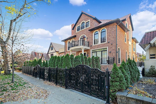 view of front of home with a fenced front yard, a gate, brick siding, and a balcony