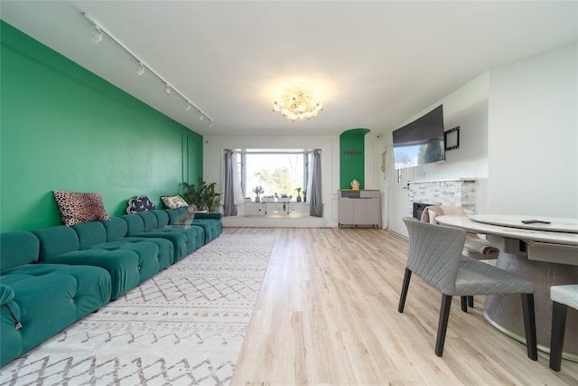 240-48 Oak Park Dr Unit A, Douglaston, NY 11362 - living room featuring a fireplace, wood finished floors, and rail lighting
