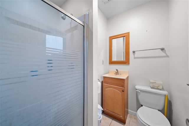 full bathroom with toilet, tile patterned flooring, vanity, and a shower stall