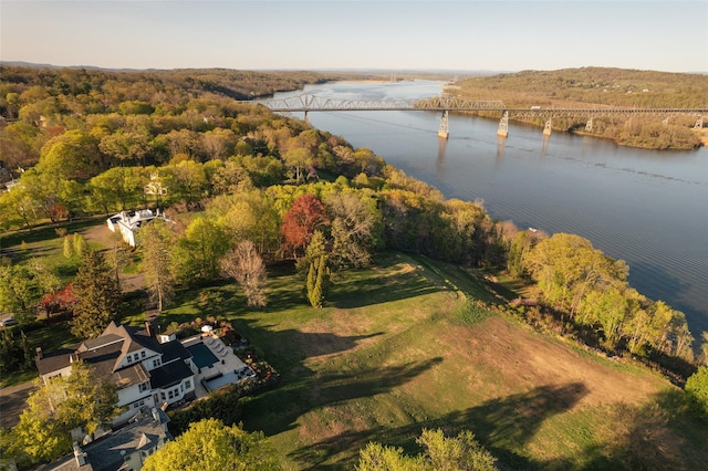 bird's eye view with a water view and a forest view