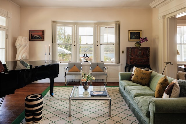 living room with ornamental molding and wood finished floors