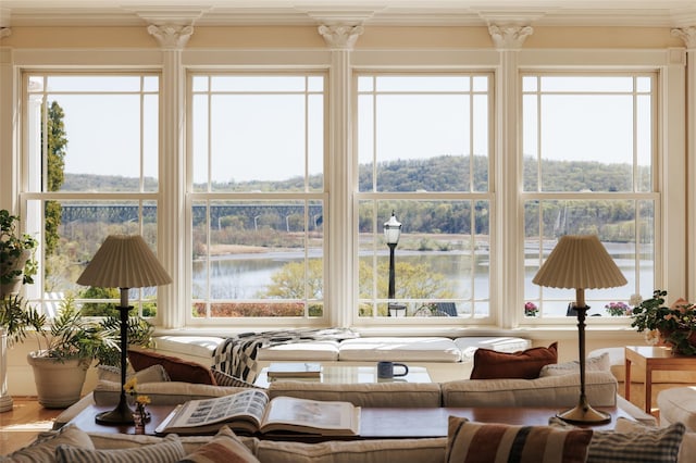 sunroom with a water view and a healthy amount of sunlight