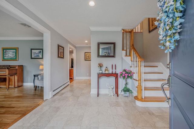 7 Jacqueline Ct, Port Jefferson Station, NY 11776 - foyer entrance with baseboard heating, crown molding, recessed lighting, and stairs