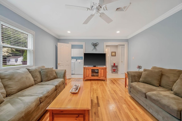 7 Jacqueline Ct, Port Jefferson Station, NY 11776 - living room featuring separate washer and dryer, ceiling fan, light wood-style floors, recessed lighting, and crown molding