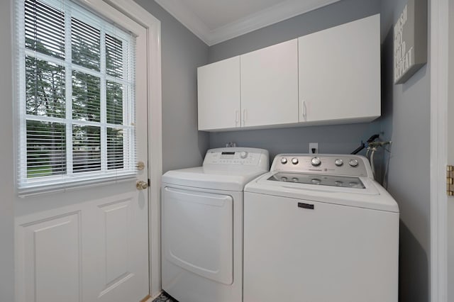 7 Jacqueline Ct, Port Jefferson Station, NY 11776 - laundry area featuring cabinet space, washer and dryer, and ornamental molding