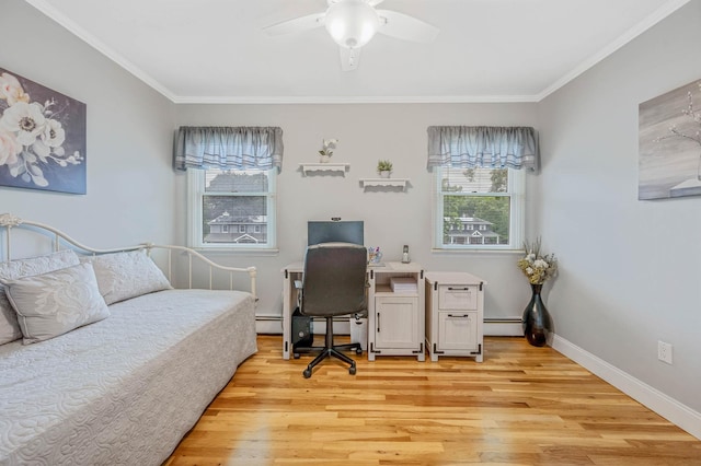 7 Jacqueline Ct, Port Jefferson Station, NY 11776 - bedroom with light wood-style floors, baseboard heating, crown molding, a baseboard heating unit, and an office area