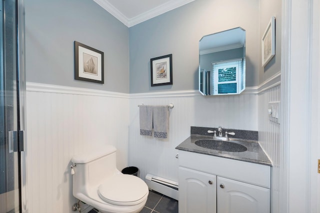 7 Jacqueline Ct, Port Jefferson Station, NY 11776 - bathroom featuring a baseboard radiator, vanity, wainscoting, crown molding, and tile patterned flooring