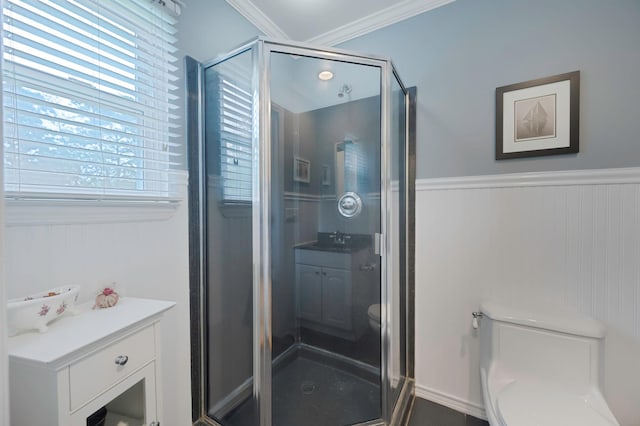 7 Jacqueline Ct, Port Jefferson Station, NY 11776 - bathroom with a stall shower, wainscoting, crown molding, and vanity