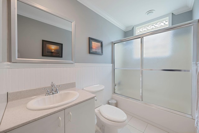 7 Jacqueline Ct, Port Jefferson Station, NY 11776 - bathroom featuring vanity, crown molding, shower / bath combination with glass door, and wainscoting