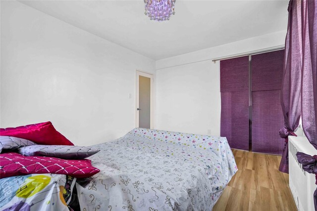 bedroom featuring wood finished floors and radiator heating unit