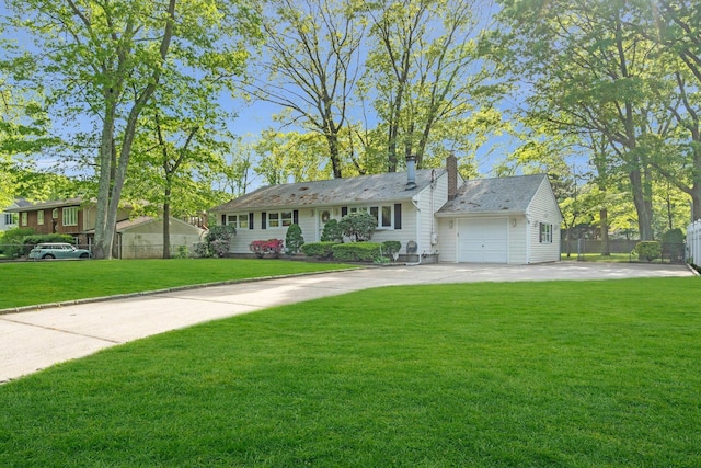 116 Ledgewood Dr, Smithtown, NY 11787 - ranch-style home featuring concrete driveway, an attached garage, and a chimney
