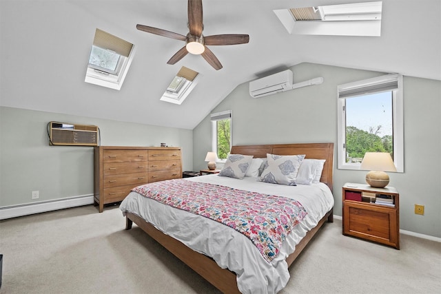 8 Wolf Rd, Croton-On-Hudson, NY 10520 - bedroom featuring a skylight, a wall mounted AC, a baseboard radiator, light carpet, and lofted ceiling