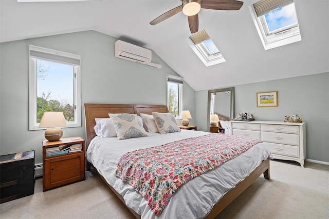8 Wolf Rd, Croton-On-Hudson, NY 10520 - bedroom featuring a wall mounted air conditioner, light colored carpet, lofted ceiling, a skylight, and baseboard heating