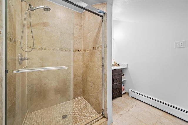8 Wolf Rd, Croton-On-Hudson, NY 10520 - full bathroom featuring a baseboard radiator, a stall shower, and tile patterned flooring