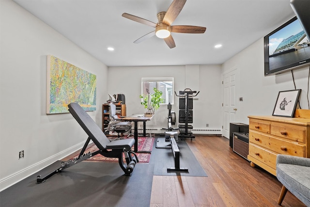 8 Wolf Rd, Croton-On-Hudson, NY 10520 - exercise area featuring a ceiling fan, wood finished floors, and recessed lighting
