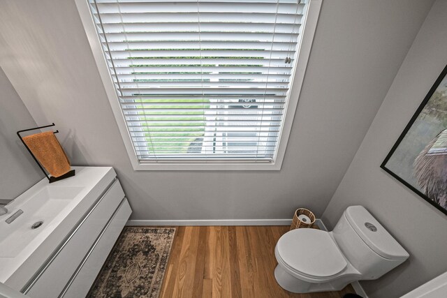 56 N Woods Rd, Baiting Hollow, NY 11933 - bathroom with wood finished floors, baseboards, vanity, and toilet