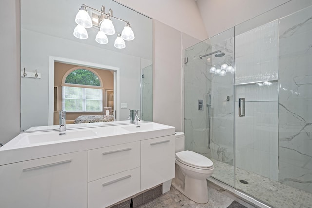 56 N Woods Rd, Baiting Hollow, NY 11933 - full bathroom featuring a marble finish shower, toilet, connected bathroom, and double vanity