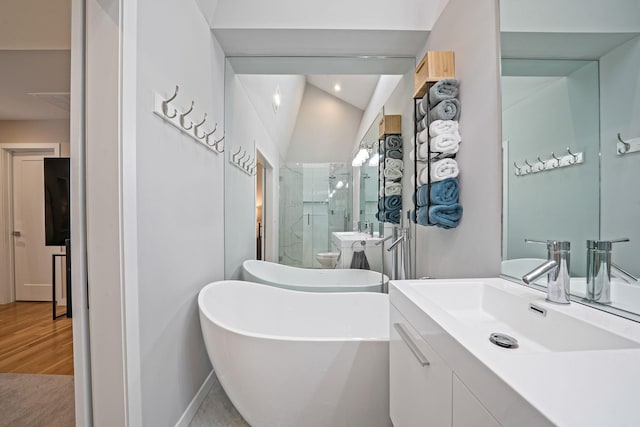 56 N Woods Rd, Baiting Hollow, NY 11933 - full bath featuring a shower stall, vanity, a soaking tub, and wood finished floors