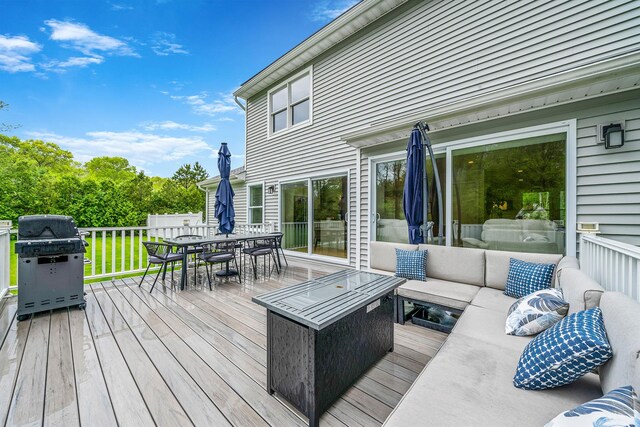56 N Woods Rd, Baiting Hollow, NY 11933 - wooden deck featuring outdoor dining area, grilling area, and an outdoor hangout area