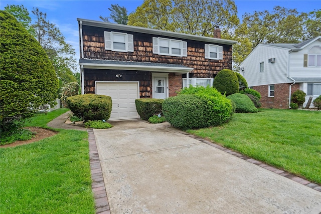 view of front of house featuring a garage, a front lawn, a chimney, and driveway