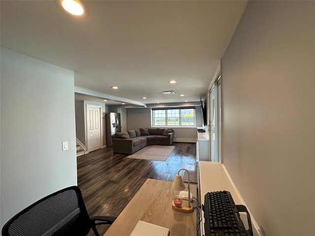 living room featuring recessed lighting, baseboards, dark wood finished floors, visible vents, and stairs
