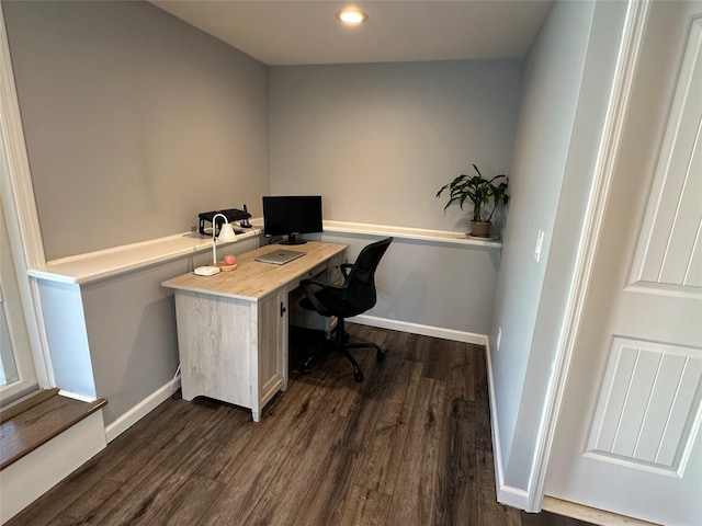home office featuring baseboards, dark wood-type flooring, and recessed lighting