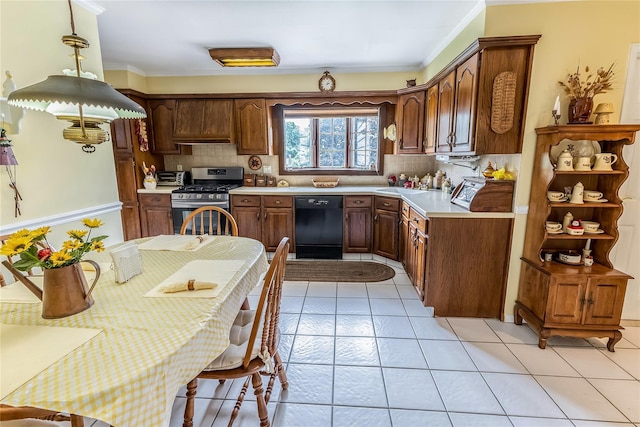 402 Spangle Dr, North Babylon, NY 11703 - kitchen with stainless steel gas range, black dishwasher, light countertops, backsplash, and crown molding