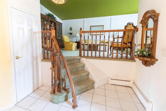 402 Spangle Dr, North Babylon, NY 11703 - stairs featuring a baseboard radiator, baseboard heating, and tile patterned floors