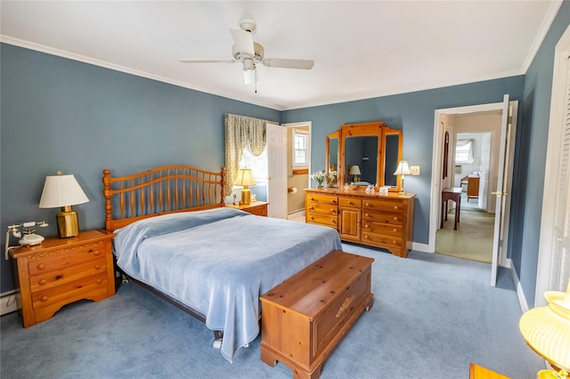 402 Spangle Dr, North Babylon, NY 11703 - bedroom with multiple windows, ornamental molding, light carpet, and ceiling fan