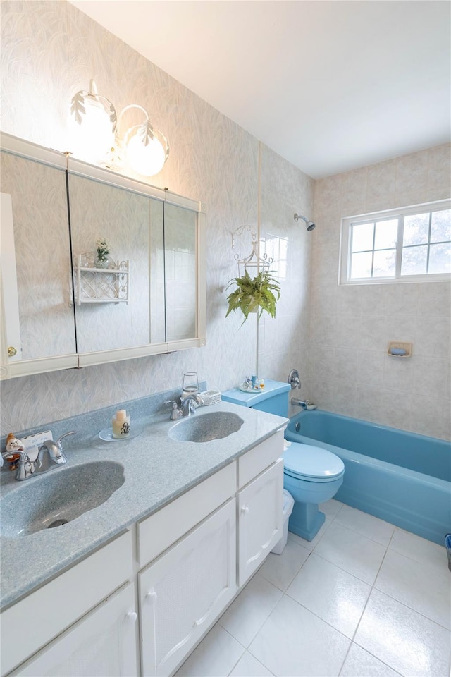 402 Spangle Dr, North Babylon, NY 11703 - bathroom with double vanity, shower / bath combination, and tile patterned flooring
