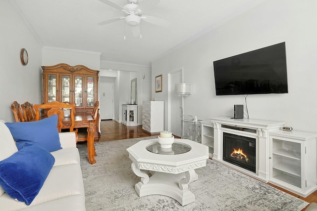 living area featuring crown molding, a ceiling fan, wood finished floors, and a glass covered fireplace