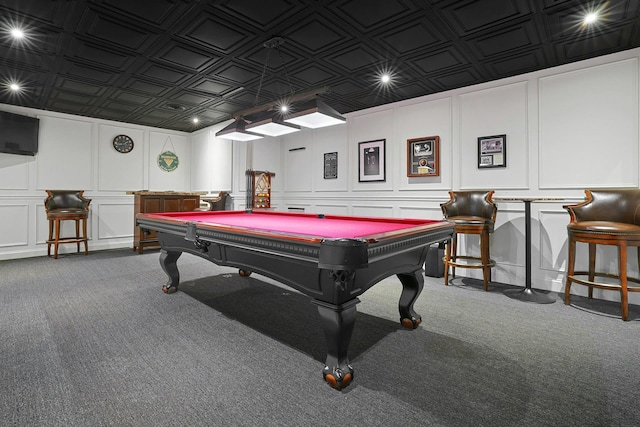 recreation room with a decorative wall, an ornate ceiling, carpet floors, and pool table