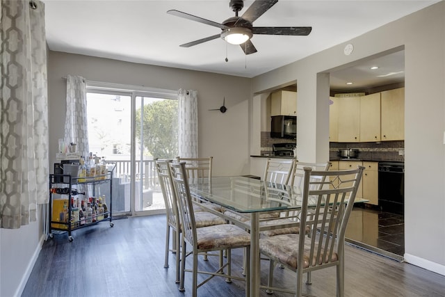 dining area featuring wood finished floors, baseboards, a ceiling fan, and recessed lighting