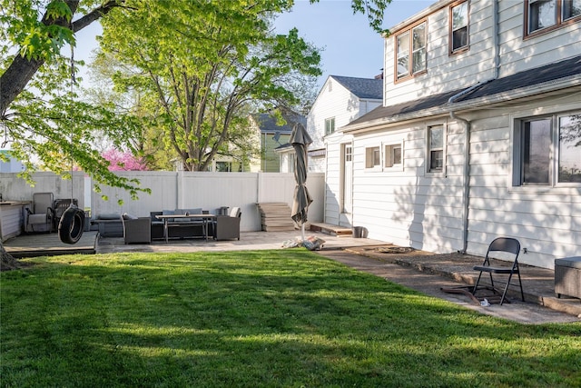 view of yard featuring central AC, a patio area, outdoor lounge area, and fence