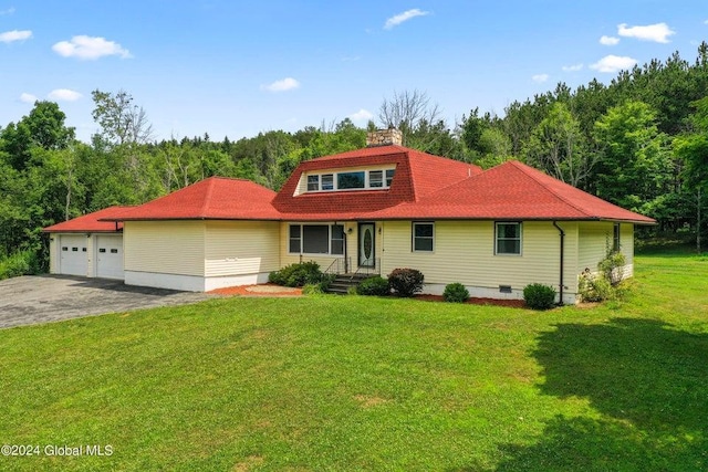 346 Gifford Hollow Rd, Call Listing Agent, NY 12023 - view of front of home with a garage, a chimney, a front lawn, a forest view, and driveway