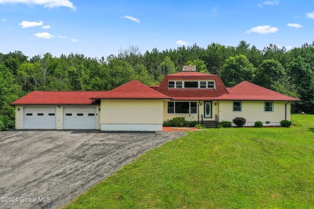 346 Gifford Hollow Rd, Call Listing Agent, NY 12023 - view of front of house with driveway, an attached garage, a view of trees, a front lawn, and a chimney