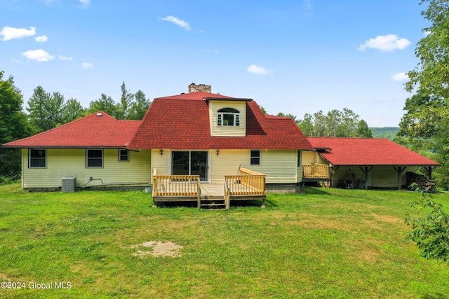 346 Gifford Hollow Rd, Call Listing Agent, NY 12023 - back of house featuring a chimney, a yard, a wooden deck, and central AC