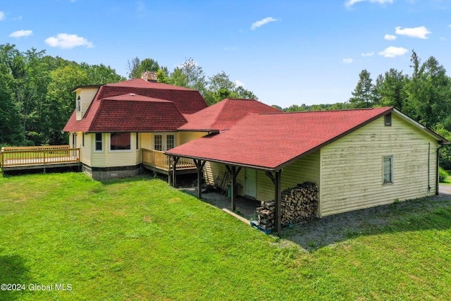 346 Gifford Hollow Rd, Call Listing Agent, NY 12023 - back of house with a wooden deck, a lawn, a gambrel roof, and a chimney