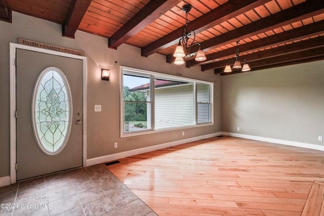 346 Gifford Hollow Rd, Call Listing Agent, NY 12023 - entryway featuring a chandelier, wood ceiling, healthy amount of natural light, baseboards, and beam ceiling
