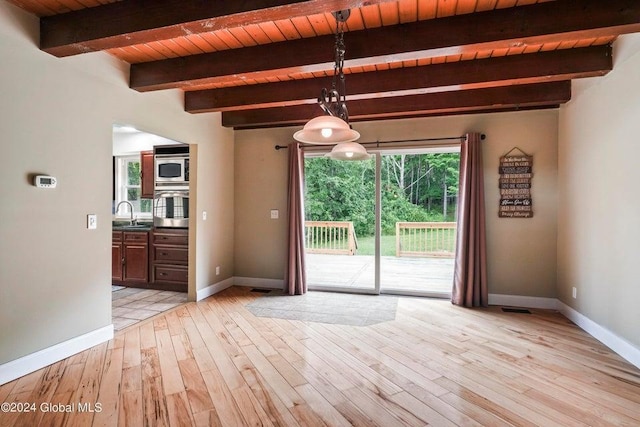 346 Gifford Hollow Rd, Call Listing Agent, NY 12023 - unfurnished dining area featuring beamed ceiling, light wood-style flooring, baseboards, wooden ceiling, and a sink