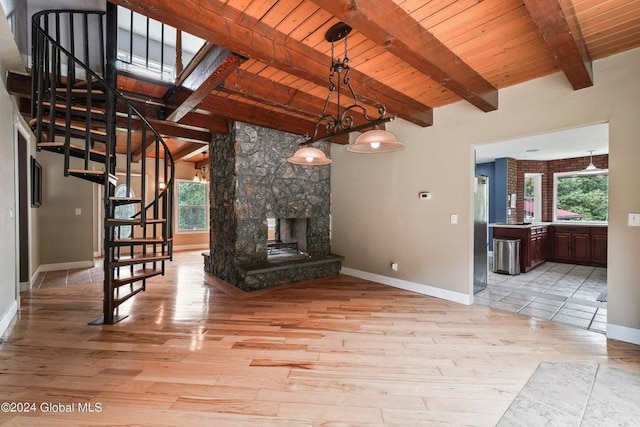 346 Gifford Hollow Rd, Call Listing Agent, NY 12023 - unfurnished living room with light wood-style floors, stairway, baseboards, wooden ceiling, and beam ceiling