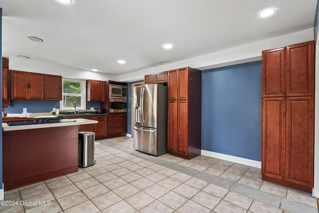 346 Gifford Hollow Rd, Call Listing Agent, NY 12023 - kitchen with appliances with stainless steel finishes, a sink, baseboards, recessed lighting, and light tile patterned floors