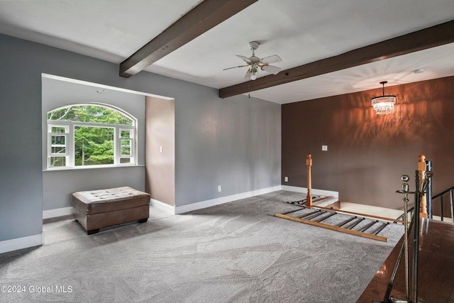 346 Gifford Hollow Rd, Call Listing Agent, NY 12023 - living area featuring beamed ceiling, baseboards, a ceiling fan, and carpet floors