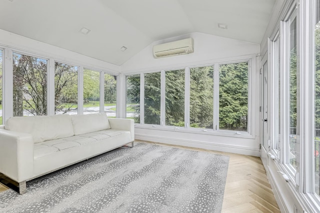 sunroom featuring lofted ceiling and a wall mounted AC
