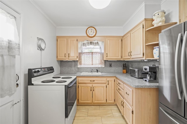 31 Westwood Ave, New Rochelle, NY 10801 - kitchen featuring range with electric cooktop, freestanding refrigerator, light brown cabinets, open shelves, and light countertops
