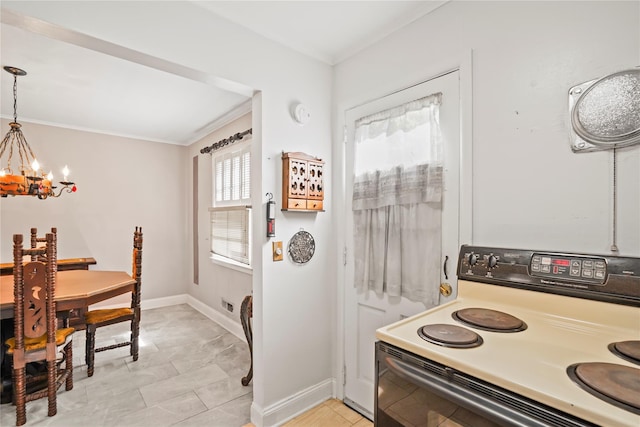 31 Westwood Ave, New Rochelle, NY 10801 - kitchen featuring electric stove, a chandelier, baseboards, hanging light fixtures, and crown molding