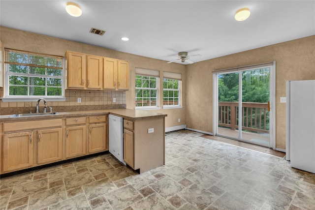 534 Puritan Dr, Shirley, NY 11967 - kitchen featuring white appliances, baseboard heating, a sink, and healthy amount of natural light