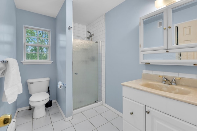 534 Puritan Dr, Shirley, NY 11967 - full bath featuring toilet, a shower stall, vanity, baseboards, and baseboard heating
