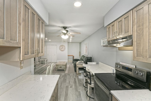 198 Millard Ave Unit 198, West Babylon, NY 11704 - kitchen featuring stainless steel electric stove, under cabinet range hood, ceiling fan, light wood-style flooring, and light stone counters